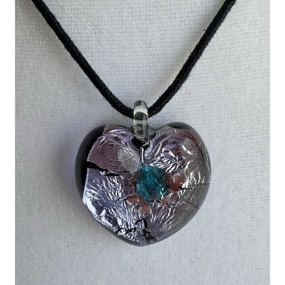 Art Glass Heart Pendant On Cord Dichroic Handcrafted Fused Lampwork 1.5” - Picture 2 of 16